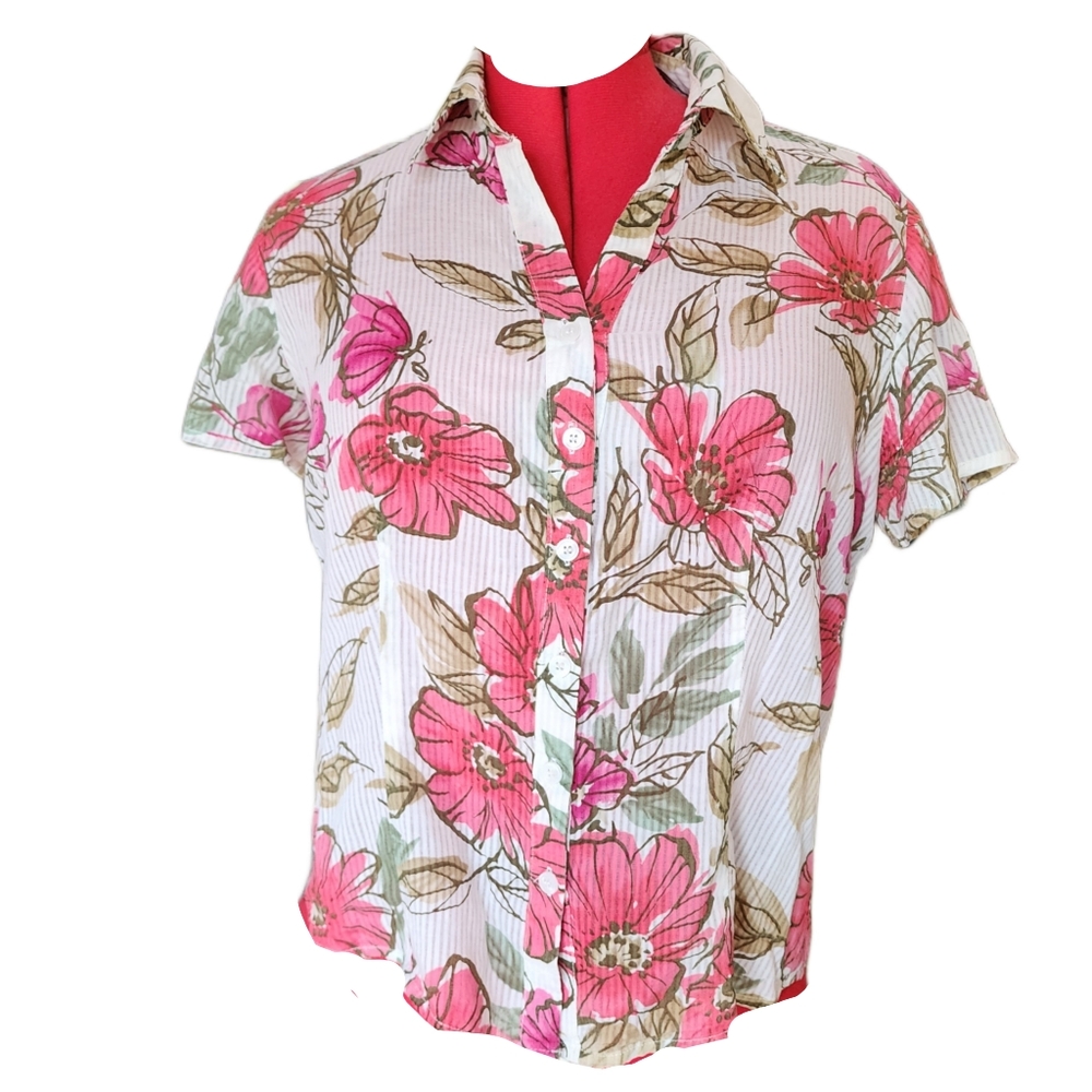 Lemongrass Petite Short Sleeve Pink Green Floral Sheer Blouse SizeSP